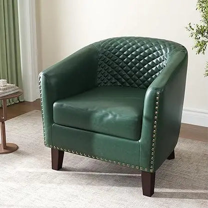Upholstered Faux Leather Club Chair with Nailed Trim - Comfortable Reading Armchair for Living Room and Bedroom Reception Area