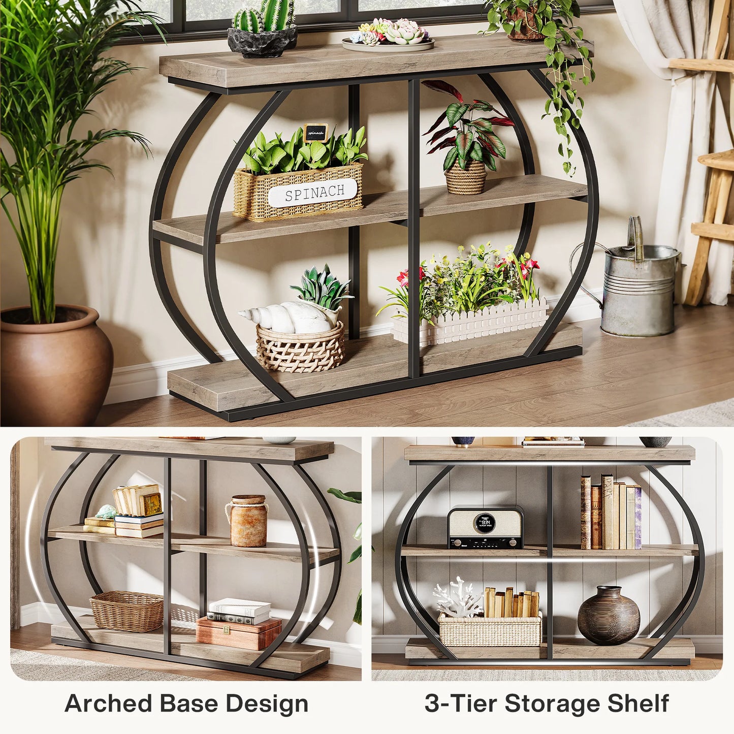 Tribesigns 41.3" Console Table, Industrial 3-Tier Entryway Table with Arched Metal Frame and Storage Shelves for Living Room