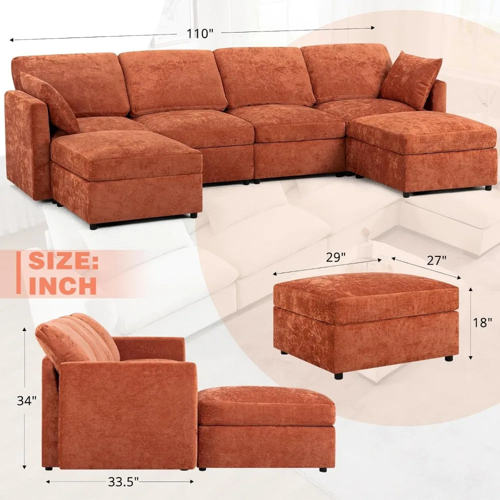 110” Chenille 4 Seater Sofa W/Movable Ottomans, Modern Fabric U-Shaped Couch w/Soft Backrests, Upholstered Sectional Sofa w/Arm