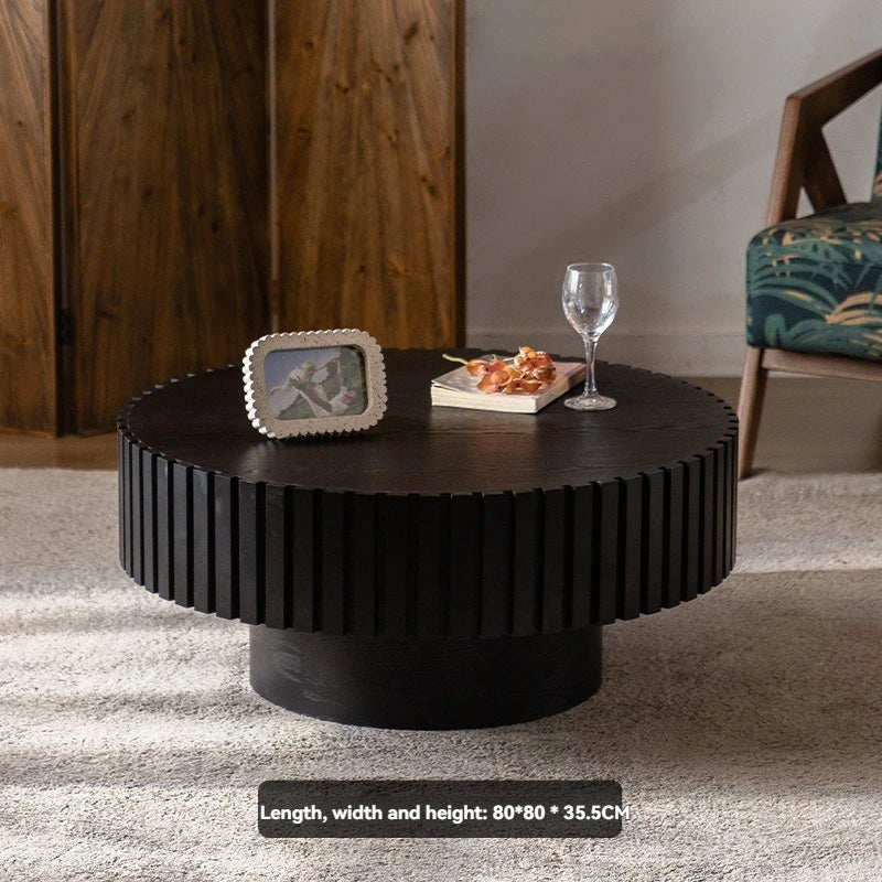 Modern Wooden Coffee Table Round Black with Solid Wood Veneered, Circle Center Table Accent Tea Table for Living Room Apartment