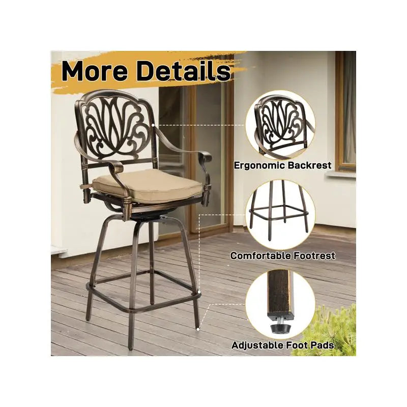 Outdoor Swivel Bar Stools Set of 2, Cast Aluminum Patio Bar Height Chairs, All-Weather Swivel Dining Chairs for Outdoor