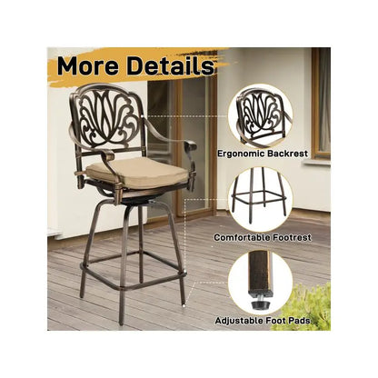 Outdoor Swivel Bar Stools Set of 2, Cast Aluminum Patio Bar Height Chairs, All-Weather Swivel Dining Chairs for Outdoor