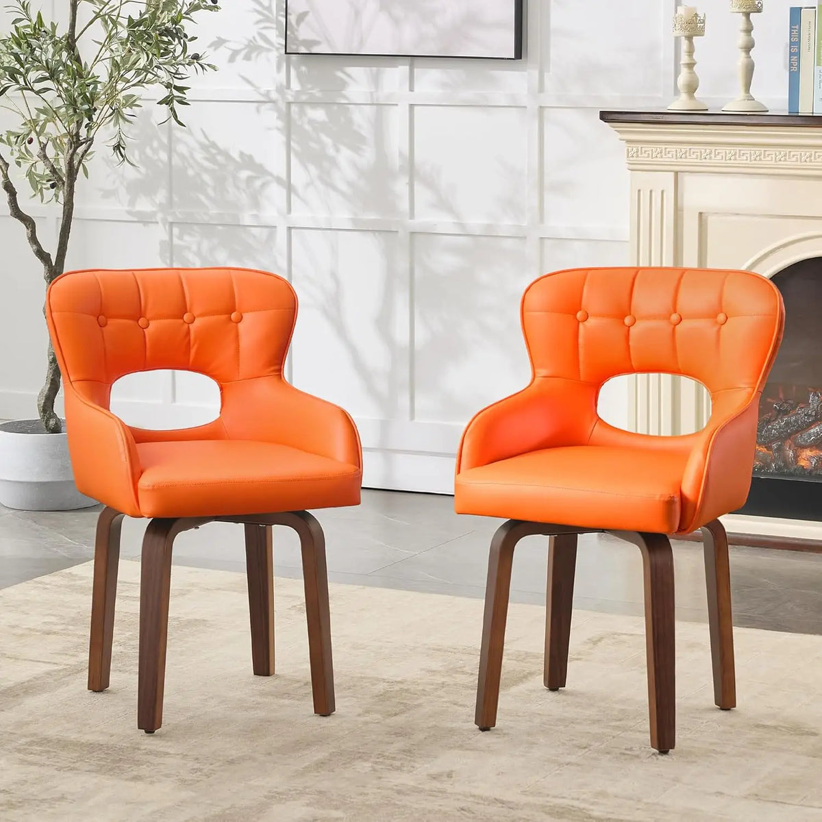 Swivel Dining Chairs Set of 2 - Mid Century Modern Faux Leather Armchairs with 360° Swivel, Ergonomic U-Shaped Back, Customized