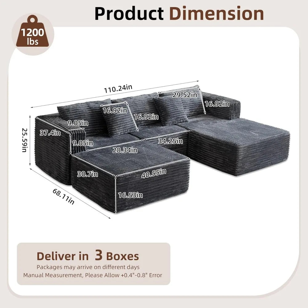 Cloud Sofa 110'' Modular Sectional Couch with 2 Movable Ottoman U Shaped Deep Seat Boneless Sofa for Living Room