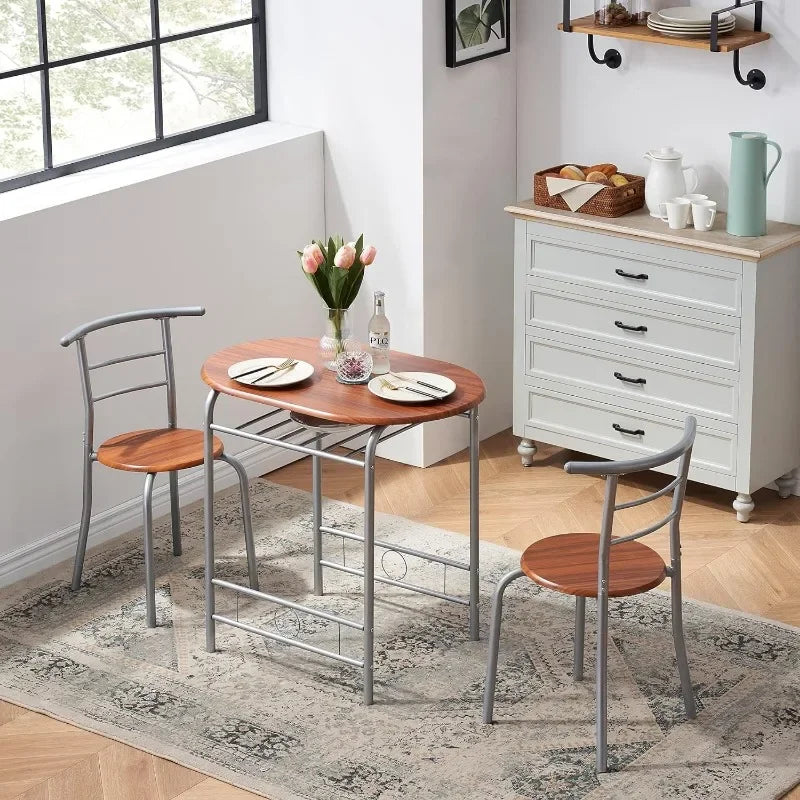 Premium 3 Piece Wood Round Table & Chair Set for Dining Room Kitchen Bar Breakfast, with Wine Storage Rack, Space Saving