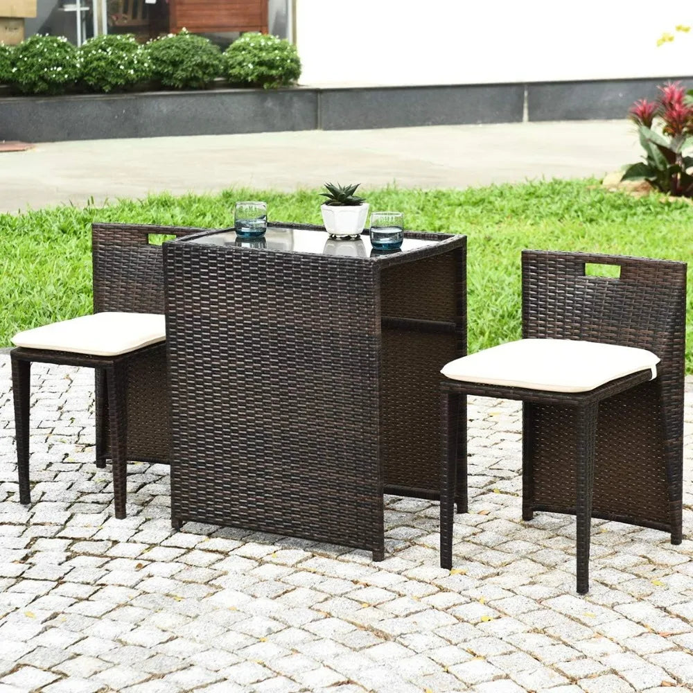 2025new-Wicker Outdoor Patio Bistro Set with 3 Pieces, Rattan Dining Furniture, Cushioned for Garden and Deck Use