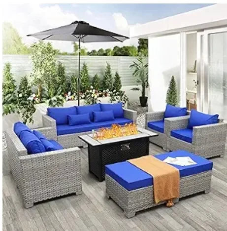 Garden Furniture Set 7 Piece, Patio Couch Sets Chair, PE Rattan Sectional with 45" Fire Pit Table, Garden Furniture Set