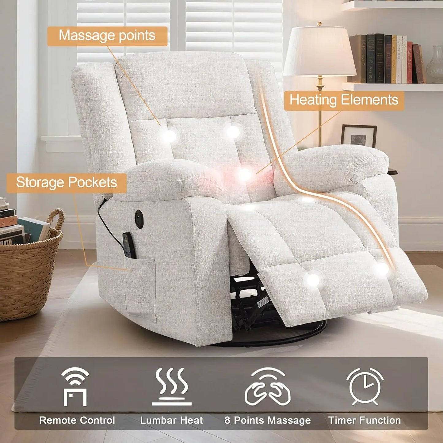Rocker Recliner Glider Recliner Chairs for Adults 360 Swivel Rocking Chair with Massage and Heating Nursery Chair with Storage
