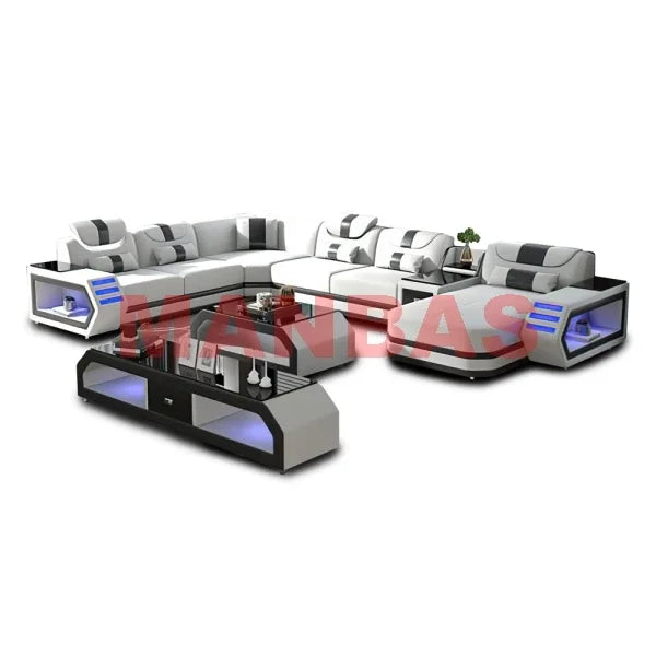 Modern LED Light Genuine Leather Sectional Sofa Set with Storage Shelves, USB Charging Ports, Cup Holder and Contemporary Design