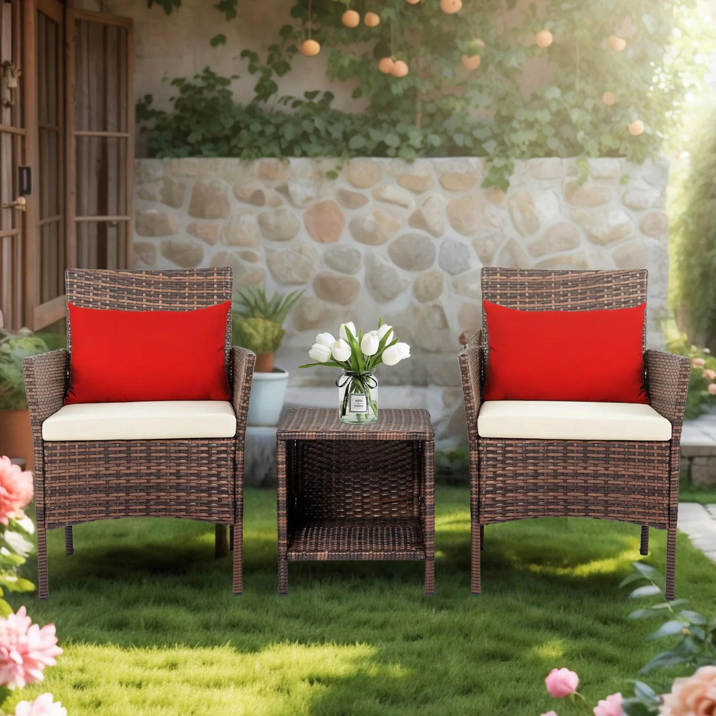 3 Piece Patio Conversation Bistro Set, Porch Balcony Furniture Set Outdoor Chat Furniture, Wicker Chairs and Storable Table Set