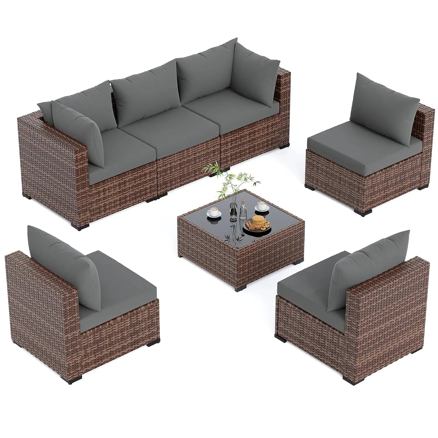 Furniture Set, 7 Piece Sectional Sofas with Wicker Coffee Table, Conversation for Garden, Backyard, Dark Grey, Customized