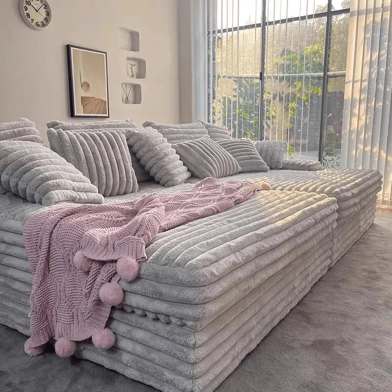 Wide Deep Seat Oversized Loveseat Chaise Compressed Sofa Bed, Fluffy Corduroy Upholstered Cloud Couch Living Room Sofas