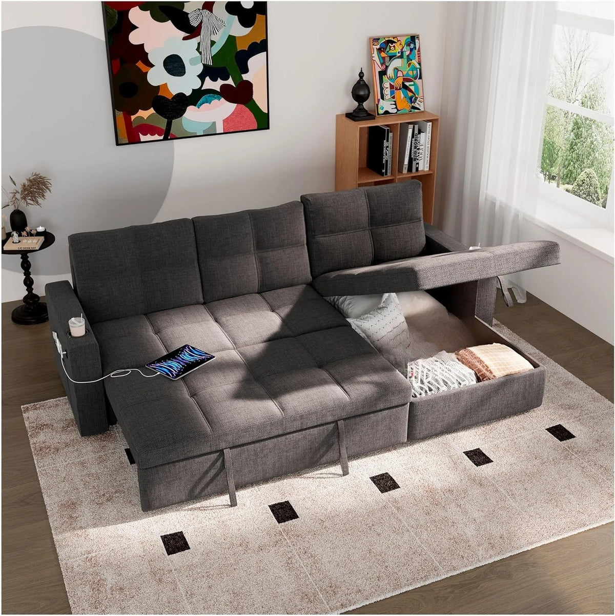 85 inch Large Sleeper Sofa Bed with Storage,L Shaped Sectional Couch Bed,2 in 1 Pull Out Couches with Convertible Chaise