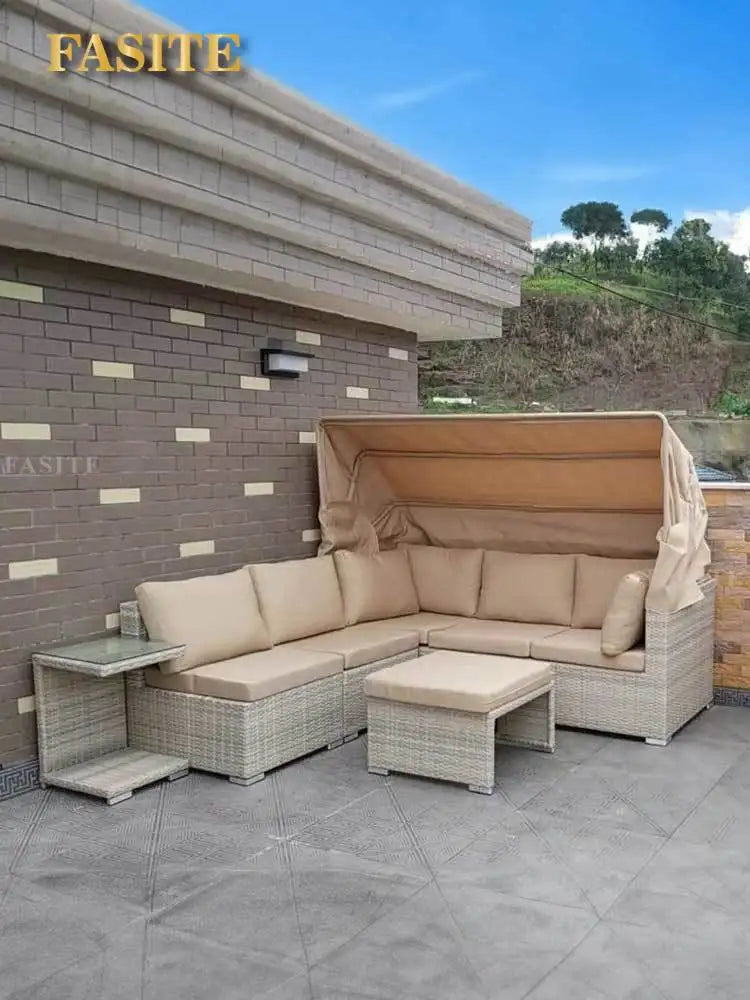 Lying bed, covered courtyard, high-end villa, outdoor rattan woven sofa bed, terrace, outdoor rattan chair