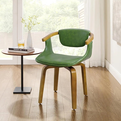 Swivel Desk Chair No Wheels, Mid Century Modern Office Chair, Faux Leather Dining Chair with Wood Legs, Accent Arm, Customized