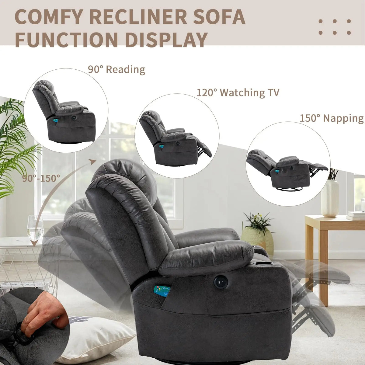 360° Swivel Rocker Recliner Chair with Heat and Massage, Manual Glider Rocking Reclining Chair, Swivel Overstuffed