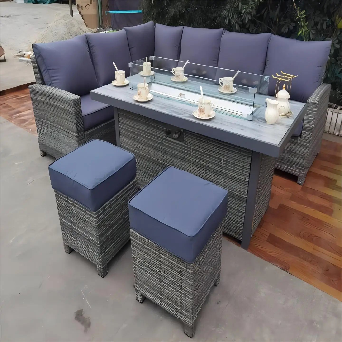 Outdoor Garden Gas Fire Pit Furniture Set Rattan Wicker Corner Dining Set With Big Fire Pit Burner Table In Europe For Grill