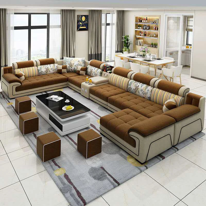 Modern Living Room Lounge 7 Seater U Shaped Sofa Set Furniture L Shape Sectional Couch Luxury Microfiber Fabric Modular Sofa