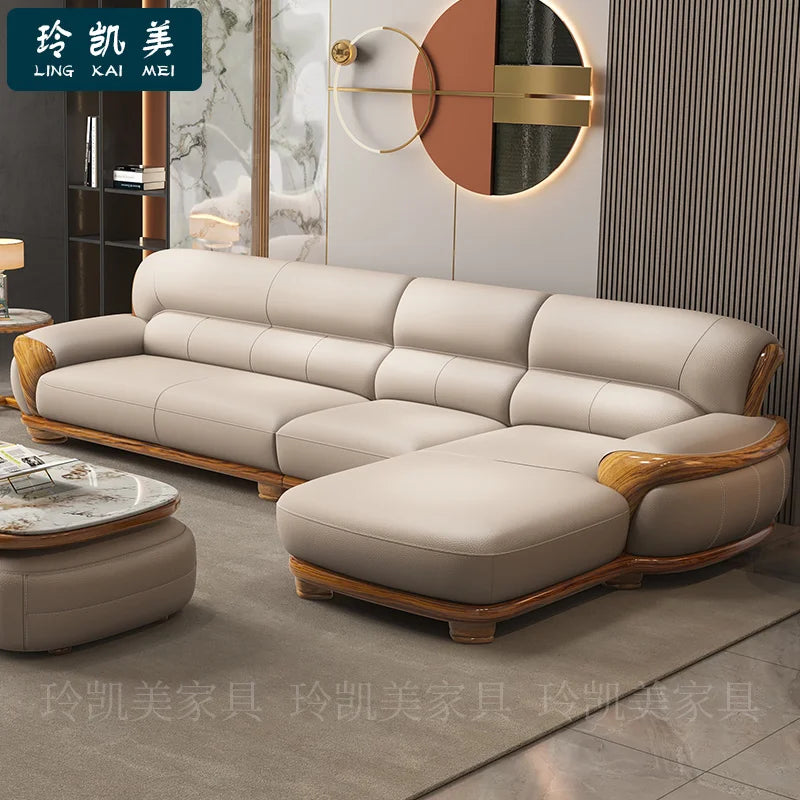 New Chinese ebony leather sofa living room combination size apartment first layer cowhide straight row sofa