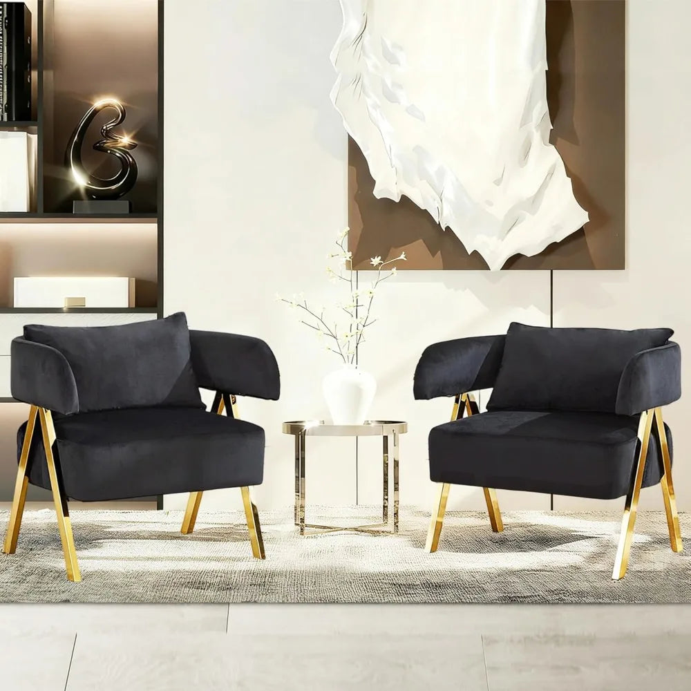 Modern Black and Gold Accent Chairs Set of 2, Velvet Barrel Accent Chair for Living Room Bedroom, Comfy Reading Armchair