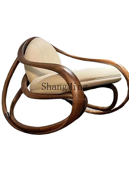 FG black walnut leather balcony lazy chair villa living room leisure solid wood rocking chair