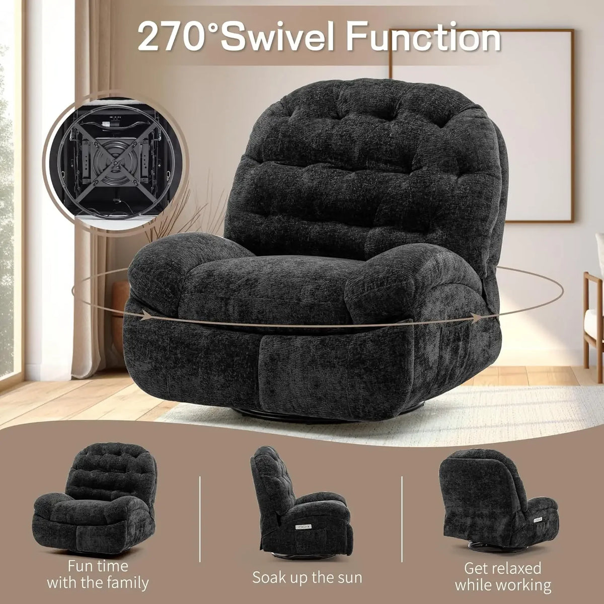 Oversized Swivel Recliner Chair, Comfortable Soft Shell Shaped Recliner with  Ports and Storage for Living Room