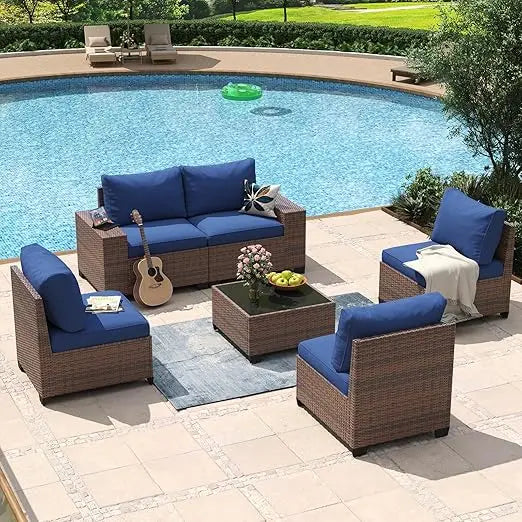 8 Piece Patio Furniture Set with 44” Fire Pit Table Wicker Rattan Outdoor Sectional Sofa Set with Coffee Table and Thickened Cu