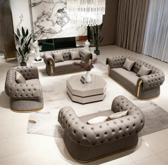 3-Seat Modern Chesterfield Sofa Set Curved Design Gold Decorated Napa Leather Sofa Apartment Living Room Furniture