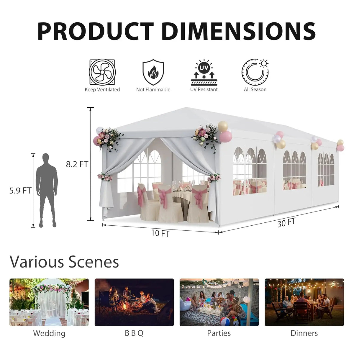 10x30 Party Tent Outdoor Canopy Tents for Parties with 8 Removable Sidewalls Heavy Duty Waterproof Gazebo Shelter, Customized