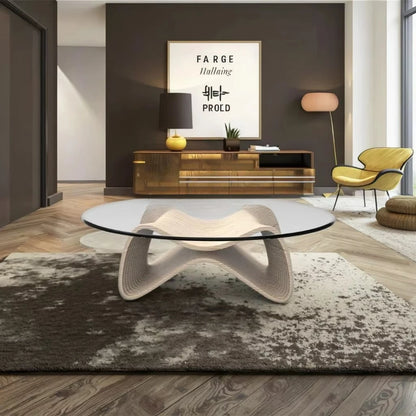 Contemporary Coffee Table, 42.5 x 28.5 x 16.1 with Tempered Glass, Natural Wood Finish for Living Room