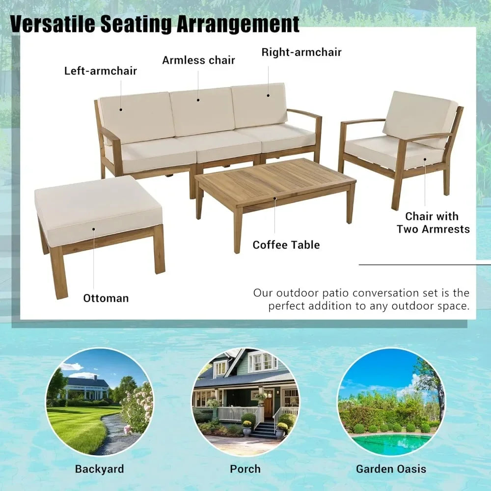 K 6 Piece Patio Sectional Sofa Set with 3-Seats Couch,Coffee Table, Ottoman and Removable Cushion for Garden Poolside