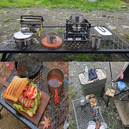Outdoor Camping Table Mini Wrought Iron Folding Table Storage Barbecue Multi-functional Barbecue Net Table with Wooden Edge