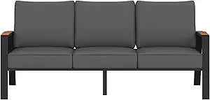 Outdoor Couch Aluminum Patio Furniture Set, All-Weather Metal 3-Seat Sofa with Solid Teak Armrest and Thick Cushions, Green