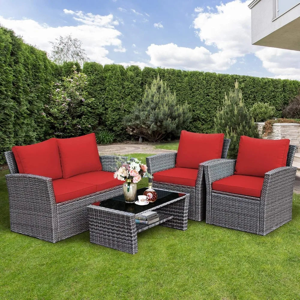 4 Pieces Patio Rattan Furniture Set, Outdoor Wicker Sofa Set with Tempered Glass Coffee Table, Cushions, All Weather Rattan Con