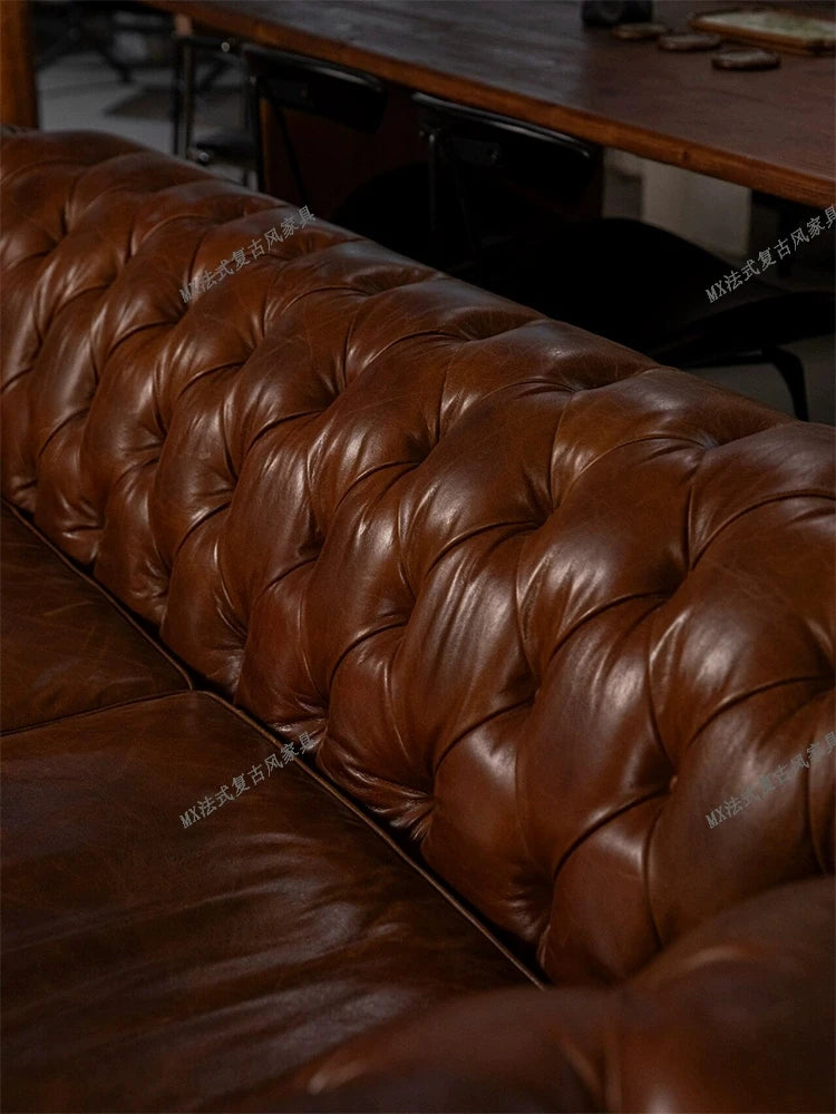 French vintage style button-tufted sofa, classic American cigar bar Burton sofa, mid-century whiskey straight-line sofa