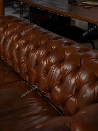 French vintage style button-tufted sofa, classic American cigar bar Burton sofa, mid-century whiskey straight-line sofa