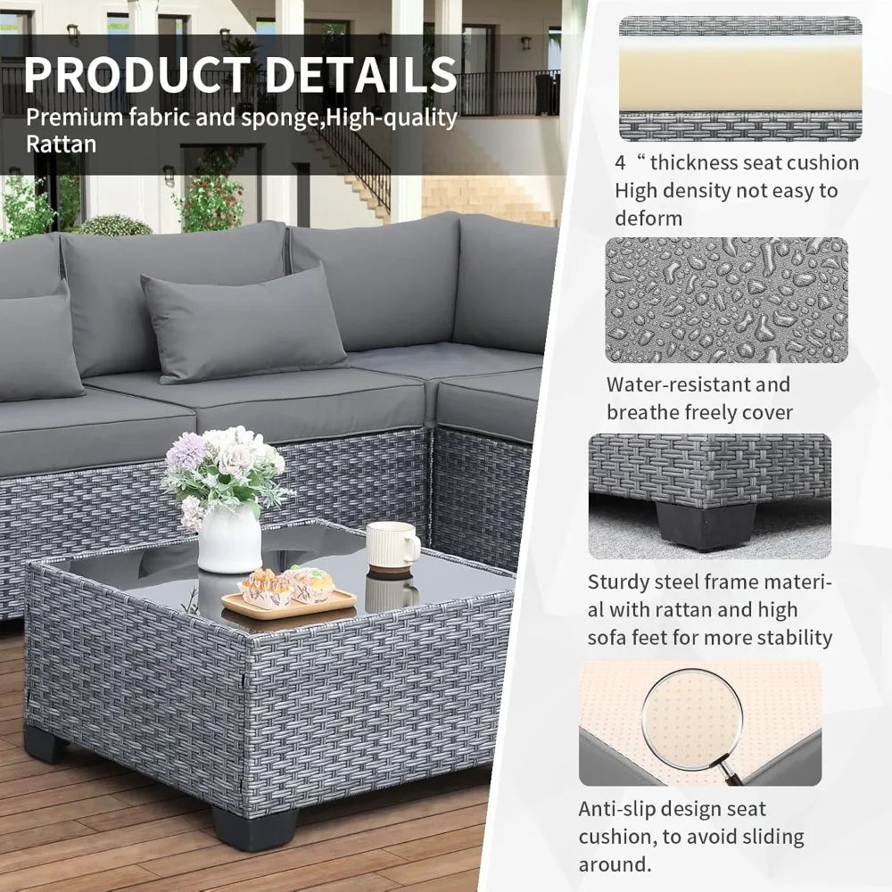 gray outdoor wicker 7-piece patio sectional sofa set with washable cushions