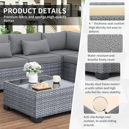 gray outdoor wicker 7-piece patio sectional sofa set with washable cushions