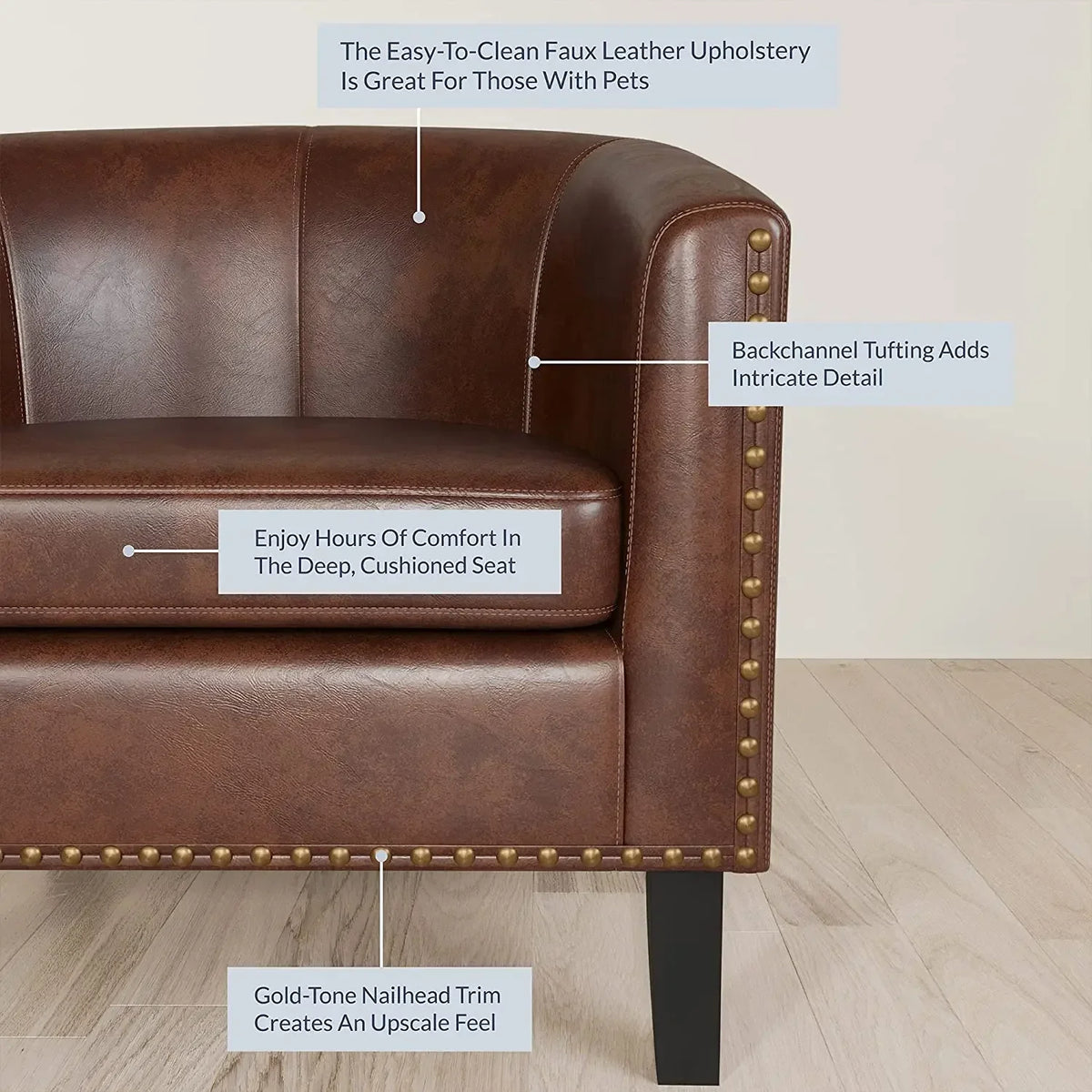 Modern Tub Club Chair Upholstered Armchair for Living Room Faux Leather Chair with Gold Nail Head Trim Black Legs