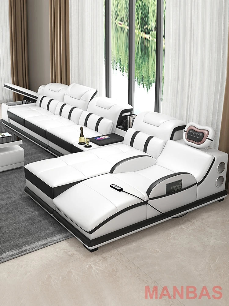 Italy Genuine Leather Sectional Sofa with Bluetooth Speaker,Functional Headrest,Massage Chaise | L Shape Corner Couch
