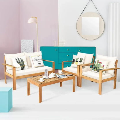 Curated outdoor 4-piece acacia wood chat set, 4 seater acacia wood conversation sofa and table set with water resistant cushions