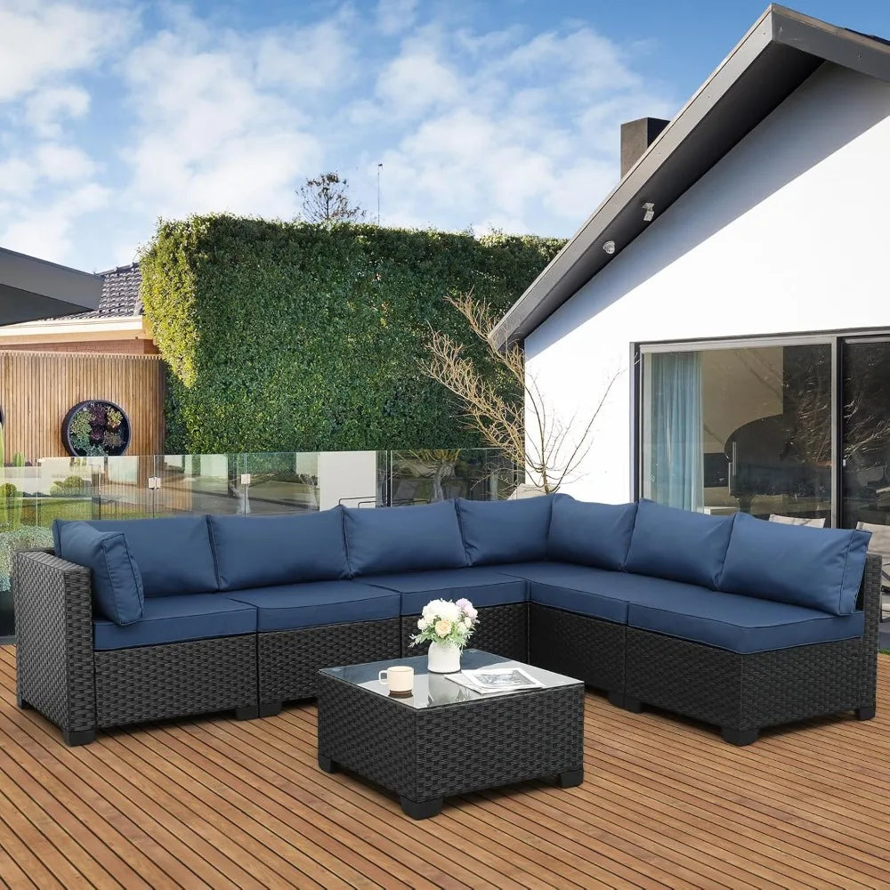 black rattan outdoor 7-piece wicker furniture set with navy blue washable cushions for patio sectional sofa