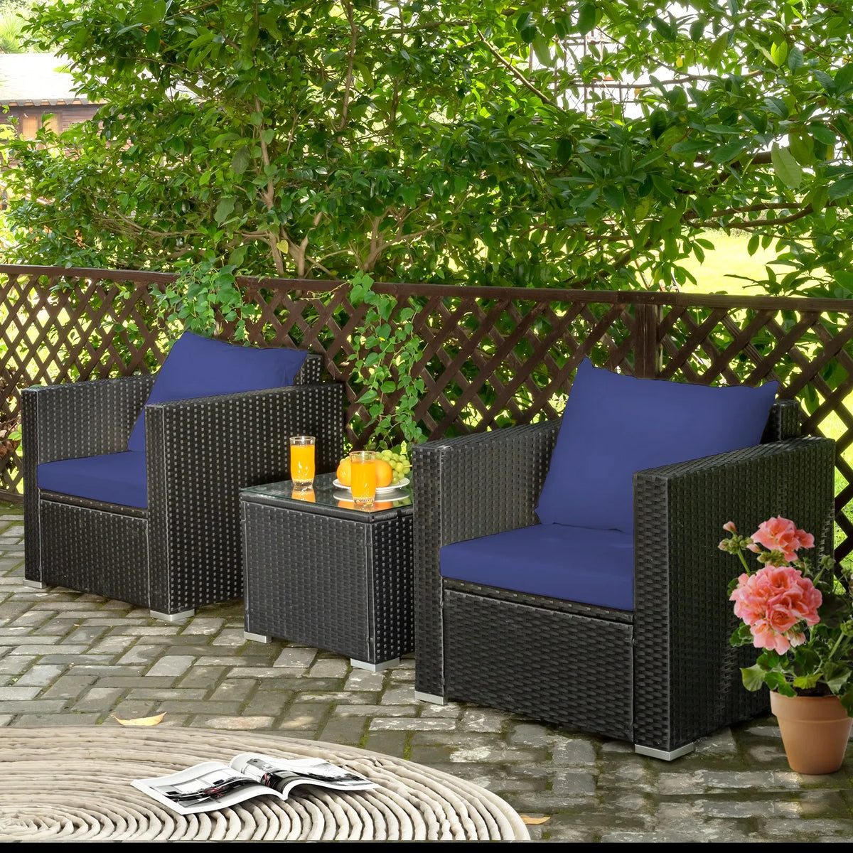 Garden Furniture Sets3PCS Patio Rattan Sofa Set with Table and Cushions for Yard Navy Blue
