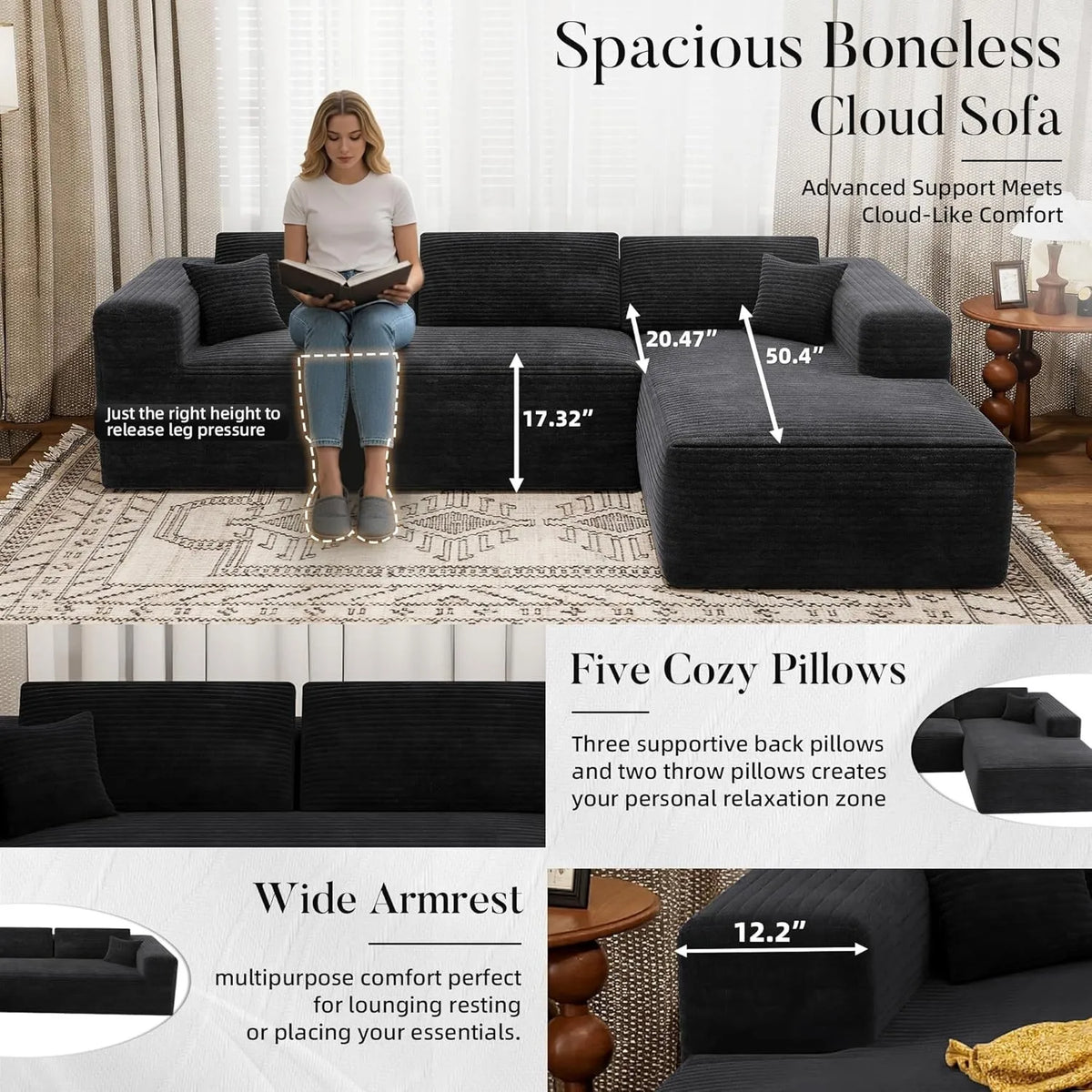 3-seater L-shaped Modular Sofa Black Corduroy Left Chaise Lounge Chair Couch