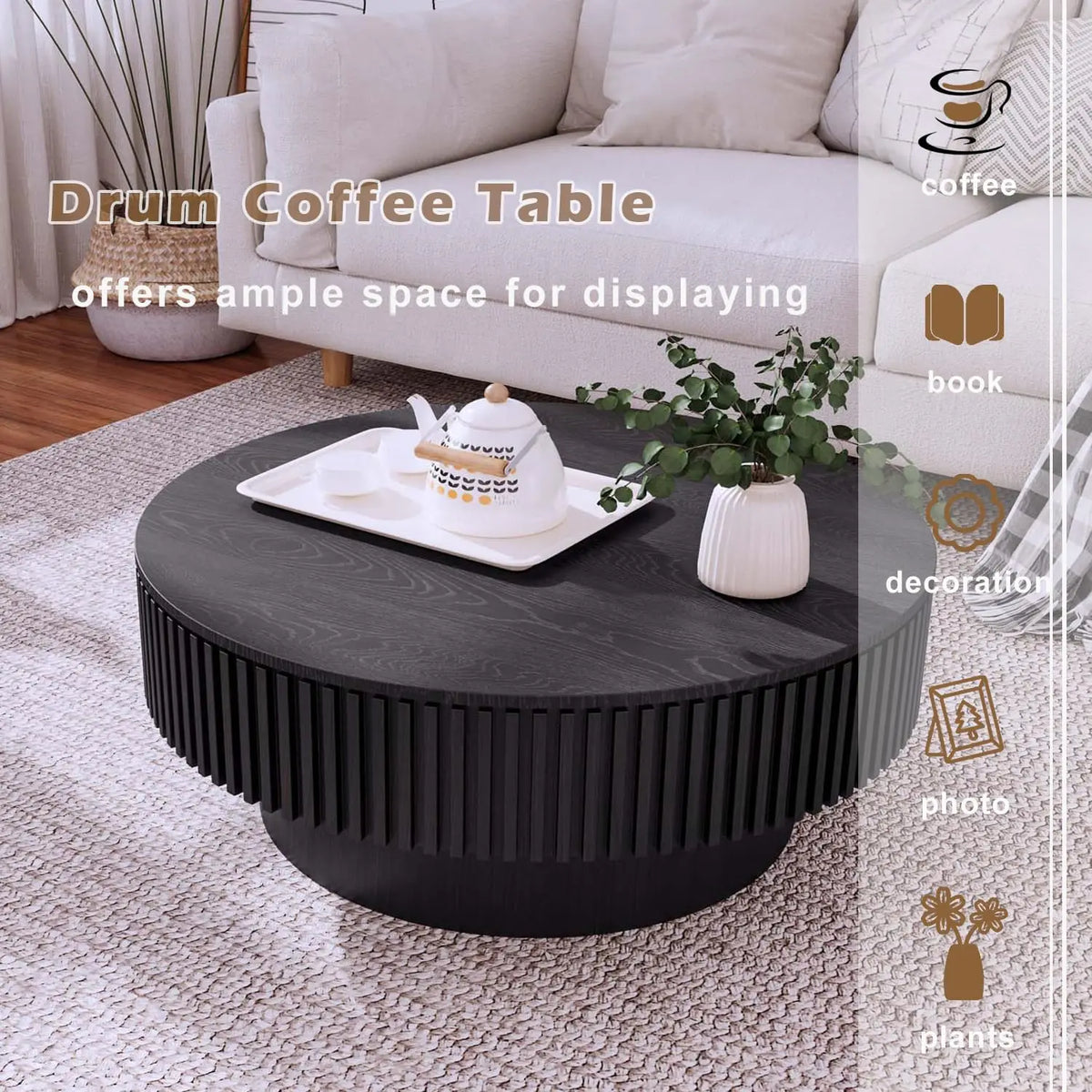 Modern Wooden Coffee Table Round Black with Solid Wood Veneered, Circle Center Table Accent Tea Table for Living Room Apartment