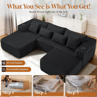 U-shaped Modular Sofa: Modern Minimalist Corduroy, No Assembly, Comfortable Living/Bedrooms (Black)