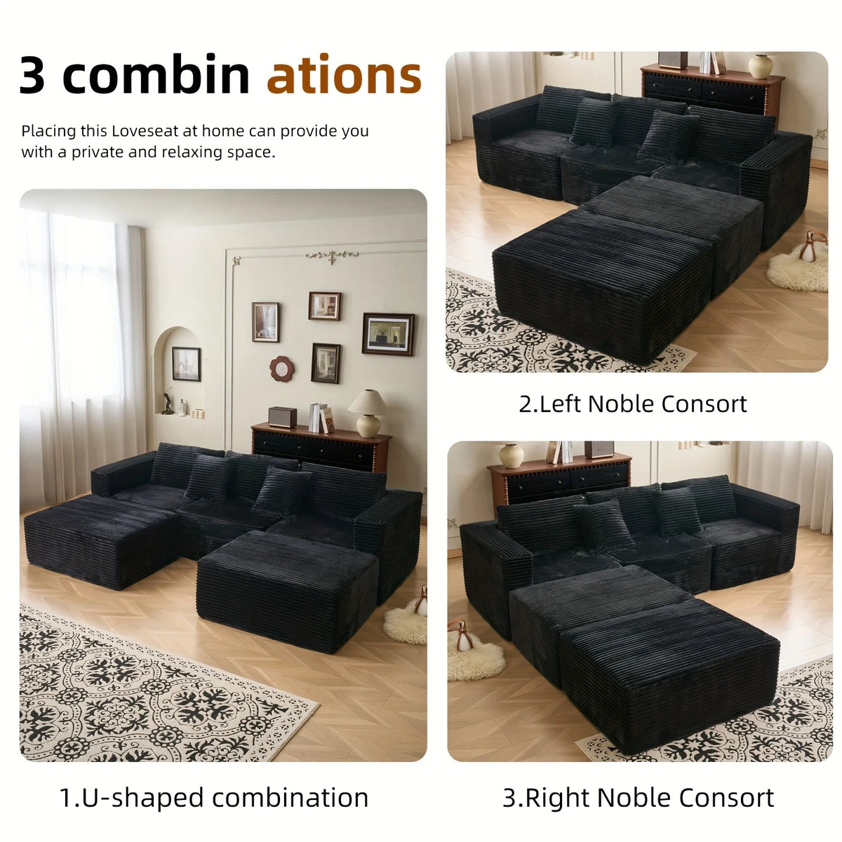 110.24-inch modular combination sofa U-shaped sofa with lounge chair striped fabric four-seater soft cushion sofa for living