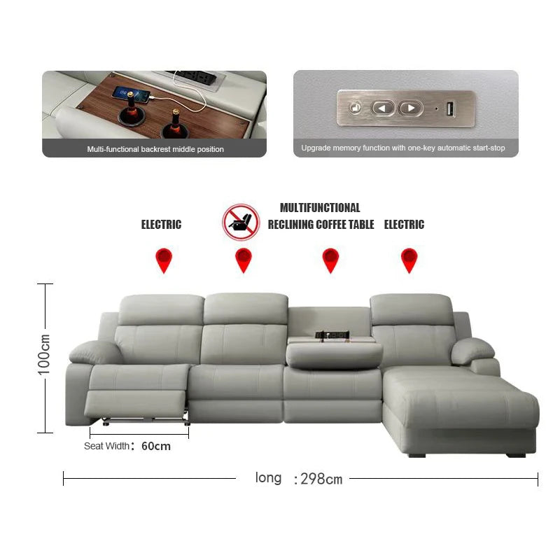 Hot Sale Modern Italian Single Electric Sofa Genuine Leather Multi-Functional Recliner with Metal Corner Combination