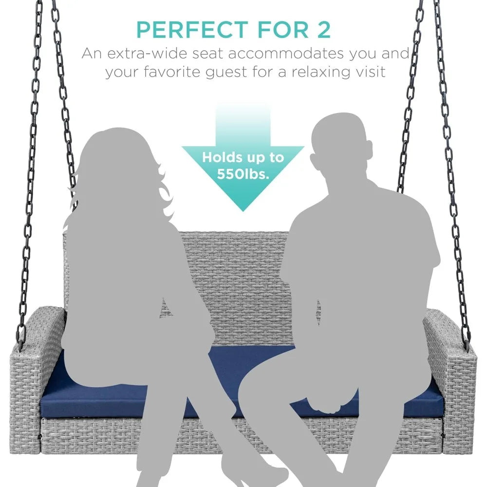 Woven Wicker Outdoor Porch Swing, Hanging Patio Bench for Deck, Garden with Mounting Chains, Seat Cushion - Gr