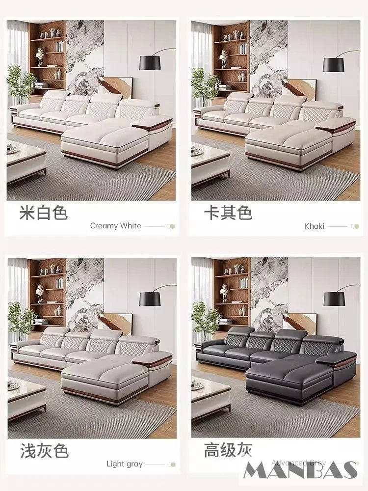 MINGDIBAO Premium Italian Genuine Leather Sofa Set for Living Room with Adjustable Headrests and Built-in Bluetooth Speaker, USB